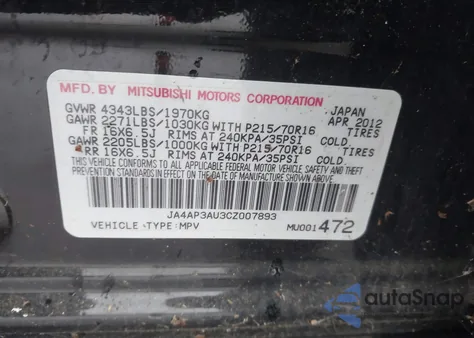 2012 Mitsubishi Outlander Sport Es from USA, damaged, VIN JA4AP3AU3CZ007893